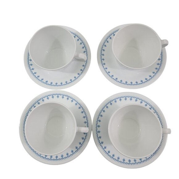 Vintage 1970’s Corelle Livingware Blue Ring Handle Snowflake Cup & Saucer Sets - Picture 2 of 16